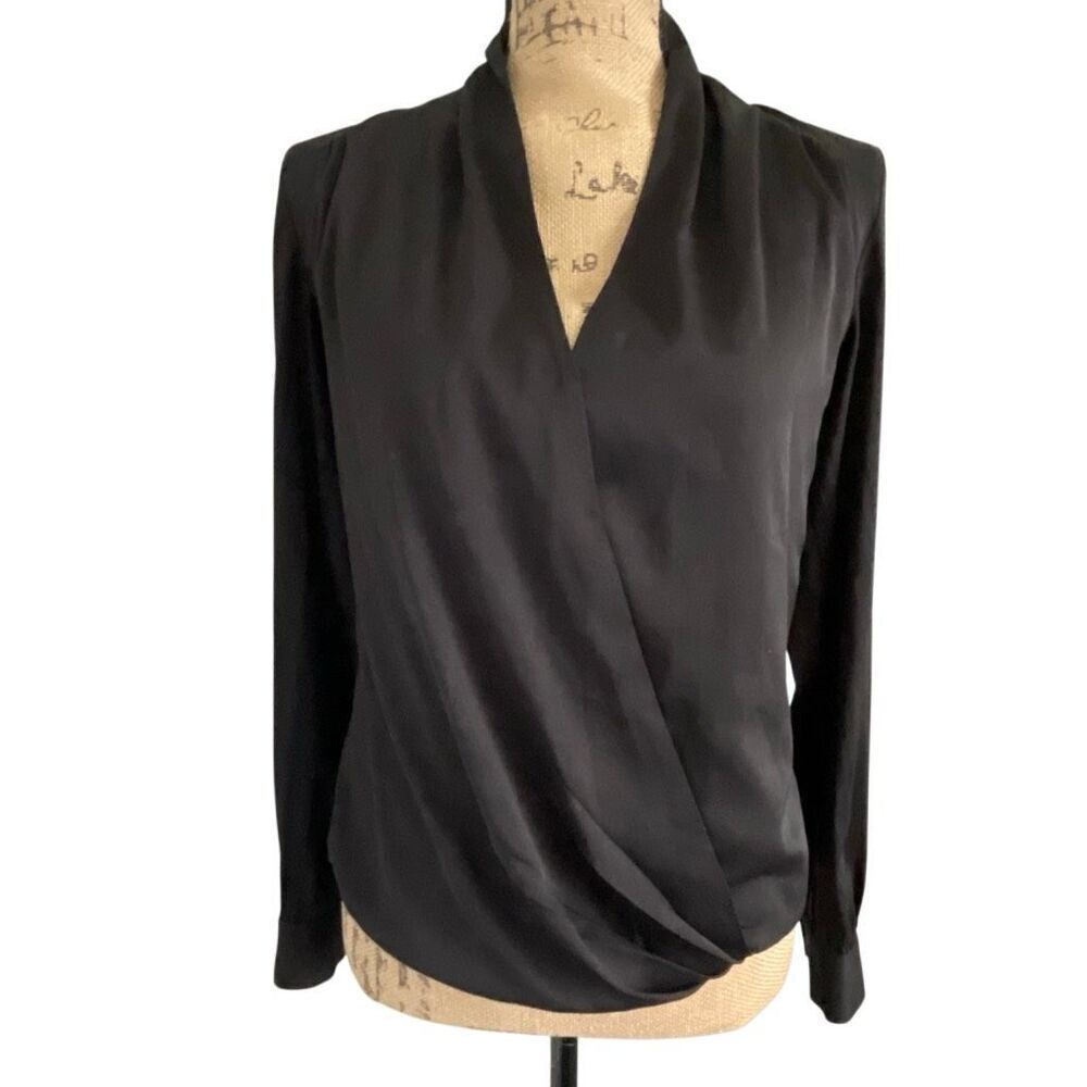 EUC Bebe Black Cross Front Surplice Long Sleeve Blouse - Size Small